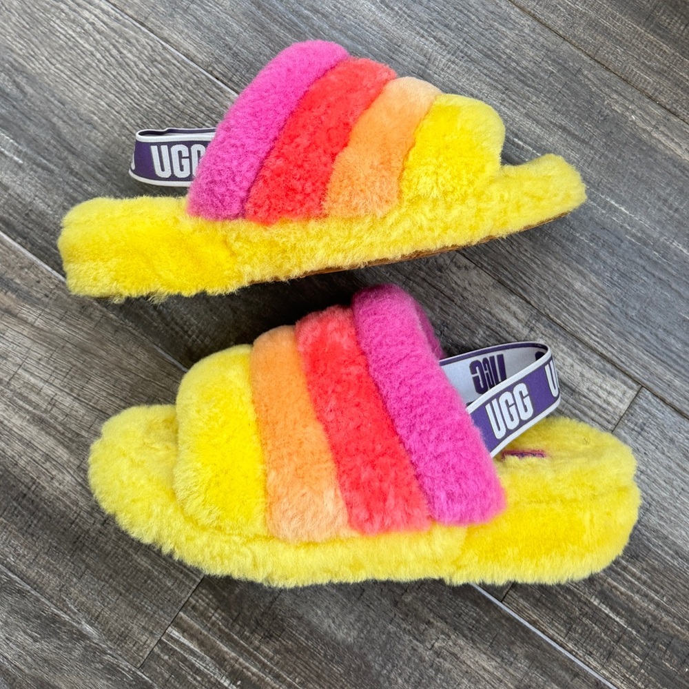 UGG FLUFF YEAH SLIDE PRIDE RAINBOW YELLOW 11 women’s - Picture 2 of 7